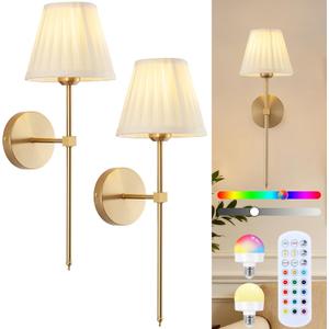 Cordless Battery Operated Wall Sconces Set of 2, Rechargeable Wall Sconce with Remote, Fabric Shade Wireless Wall Sconce Fixtures for Bedroom, Living Room, Bedside (2 Bulbs Included) Gold, 20 inches