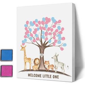 Gender Reveal Fingerprint Tree with Safari Animals, Baby Shower Guest Book Party Ideas, Gender Reveal Party Ideas, Gender Reveal Keepsake, Canvas Decoration (005)