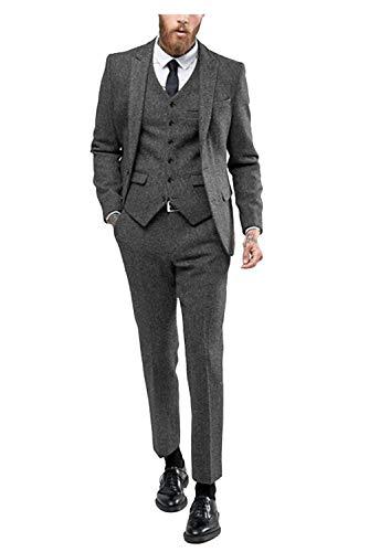 Wemaliyzd Men's 3 Pieces Formal Suit Notch Lapel Tweed Blend Blazer Vest Separate Pants (Gray,38M) Size M