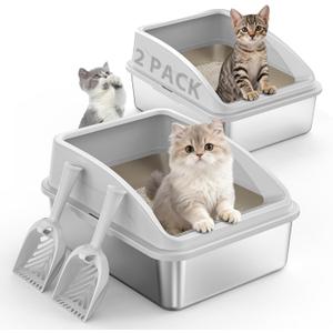 2 Pack Stainless Steel Litter Box for Kitty | Metal Kitty Litter Box with Lid High Sided for Small Cats or Injured Cats, Bunny Litter Boxes, Low Entry, Odor-Free, Non-Stick,Includes Scoop