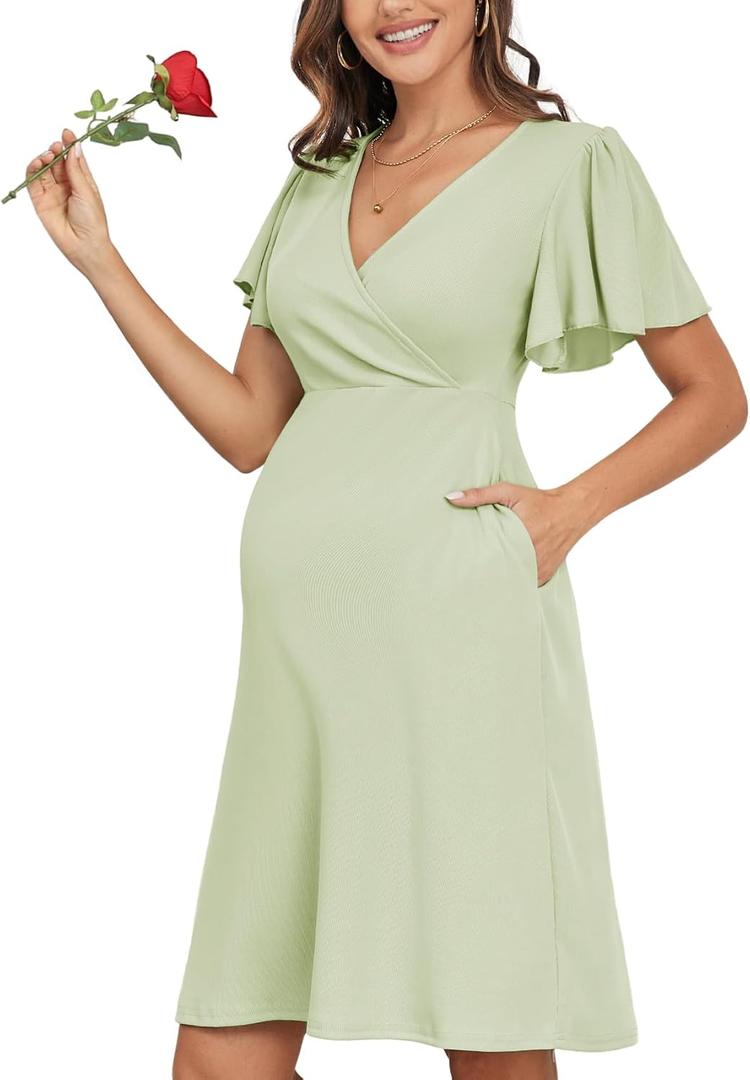 AISWI 2024 Summer Maternity Nursing Dress Pockets Baby Shower Wedding Guest Pregnancy Short Ruffle Sleeves A-line Midi (Green, M)