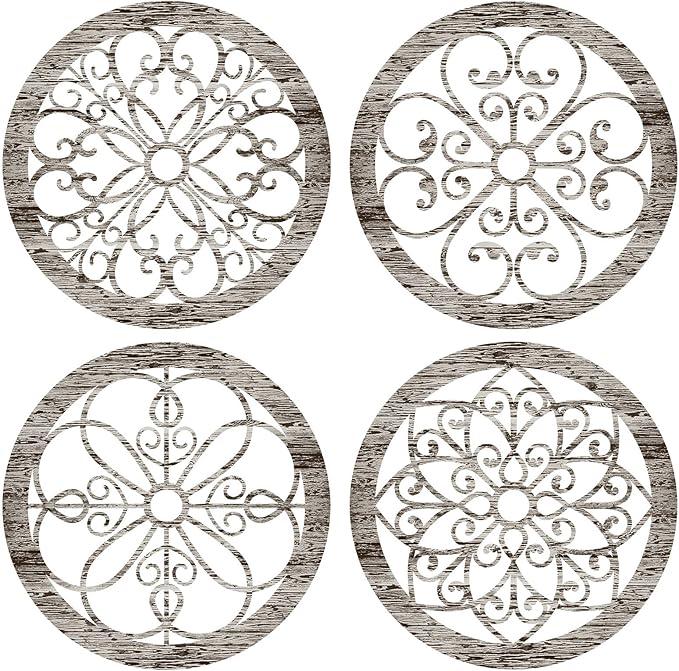 Yulejo 3 Pcs Thicken Rustic Wall Decor Farmhouse Kitchen Wall Round Art Wooden Hollow Carved Design Rustic Art for Living Room Bedroom Hallway Decor(11,8 x 11,8 Inch,Grey wood tone)