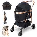 Pet Stroller for Small/Medium Dogs & Cats, No-Zip Foldable Dog Stroller with Detachable Carrier, Cup Holder and Storage Basket, One-Click Fold, One-Foot Brake, 37 lbs Capacity, Black