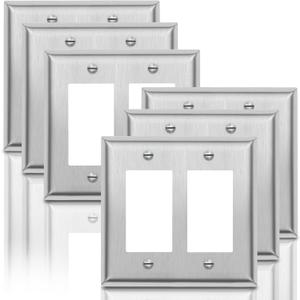 2-Gang Switch or Outlet Decorator Metal Wall Plate - Stainless Steel Switch Outlet Cover,Brushed Finish, Silver (6-PACK, Double Decorator)