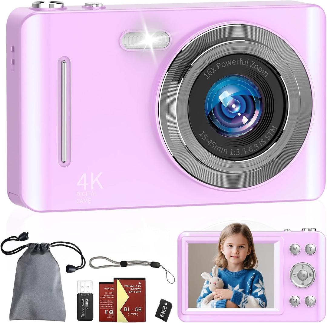 Digital Camera, 64MP UHD 4K Point and Shoot Kids Camera with 64GB Card, 2 Batteries, 16X Zoom Anti Shake Date Stamp, Compact Portable Small, Camera for Kids Starter Children Student Girl Boy, Purple