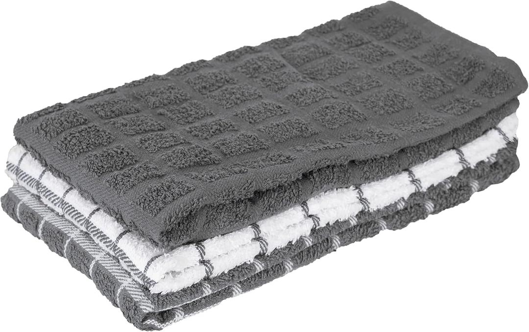 Ritz Premium 100% Cotton Terry Check Kitchen Dish Towels - Highly Absorbent, Super Soft, Long-Lasting, 25"x15", 3-Pack, Gray