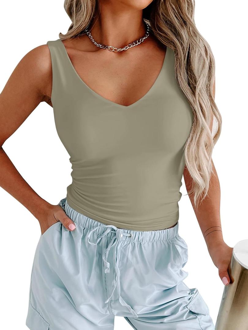 PINKMSTYLE Womens Basic V Neck Tank Tops Double Lined Fitted Summer Tops Cute Sleeveless Shirts (Medium, Antique Pewter)