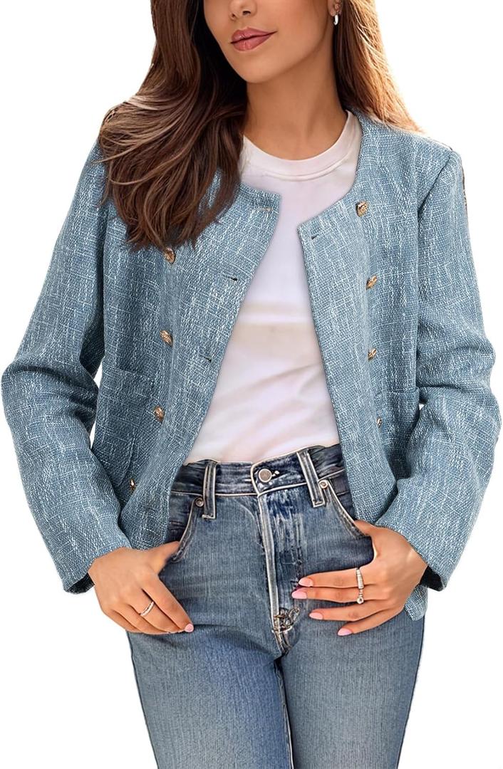 Happy Sailed Womens Cropped Tweed Blazers Casual Long Sleeve Double Breasted Open Front Blazer Jackets Work Suits (Medium, Blue)