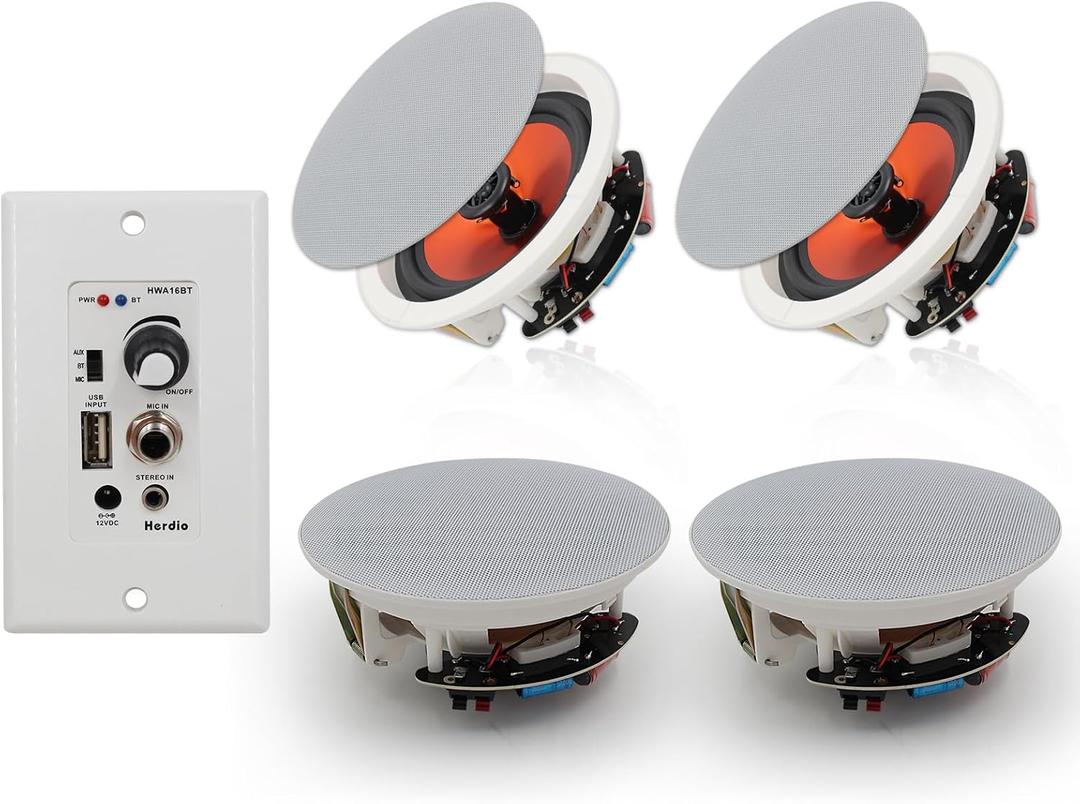 Herdio 6.5'' Bluetooth in Wall in Ceiling Speakers 600W 2-Way Flush Mount Speakers System with Wall Amplifier Receiver for Home Theater Office Bathroom(2Pairs, Paintable-Grille)
