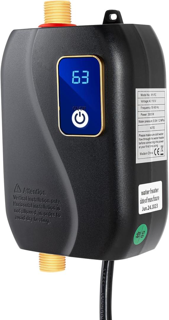 Mini Tankless Water Heater Electric for Under Sink, Instant On Demand Hot Water Heater 110V 3000W with Digital Display, Kitchen, Bathroom, Camping, Black
