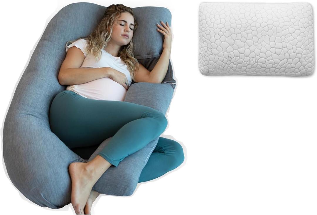 Pharmedoc Pregnancy Pillow U Shape Cooling Cover Grey & Adjustable Bed Pillow