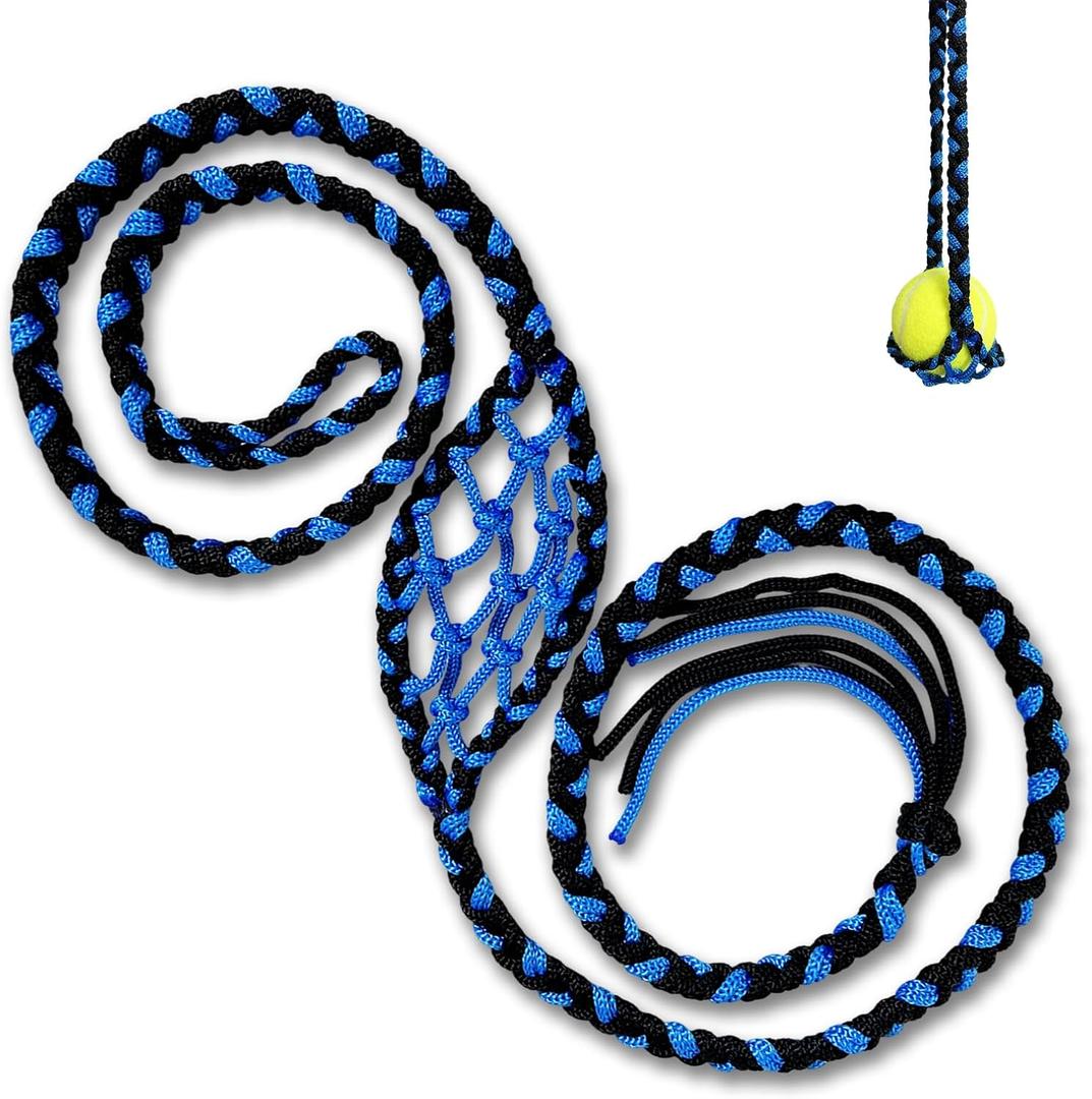 Paracord Handwoven 6-Strand Braided Shepherd Sling - Throwing Tool for Stones & Tennis Balls | Balearic Style Rock Launcher for Adults | Durable DesignBlack Blue