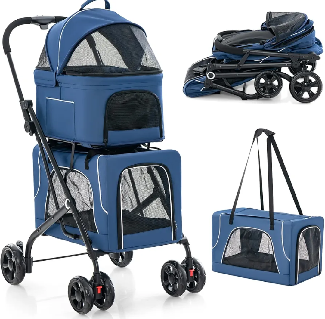 PETSITE Double Dog Stroller, Foldable 3-in-1 Cat Stroller with 2 Detachable Carriers, Safety Belt, Washable Cover, Removable Pads, 4 Wheels Travel Pet Stroller for Small Medium Dogs Cats (Blue)