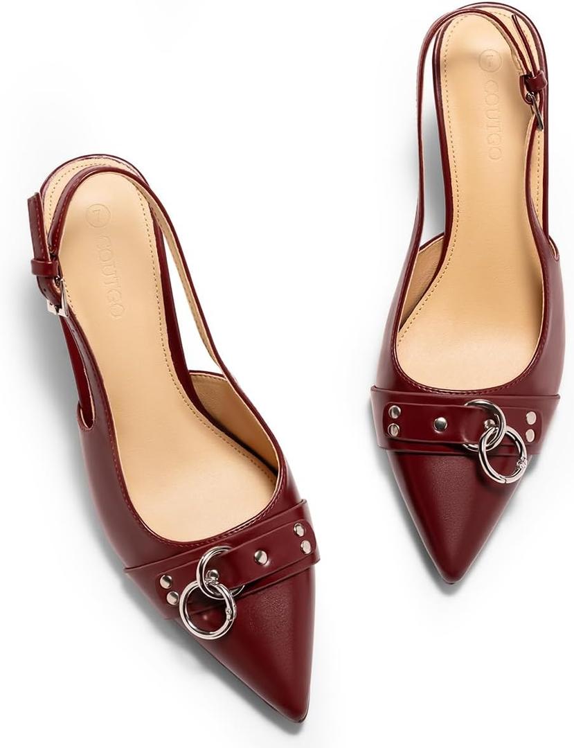 Coutgo Womens Slingback Stiletto High Heels Closed Pointed Toe Pumps with Metal Ring Party Dress Shoes (8.5, Burgundy)