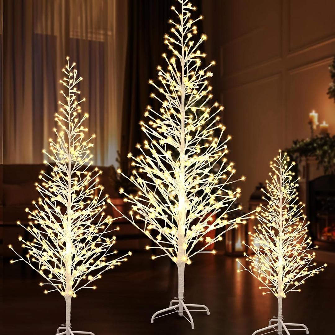 Rossesay 3 Pack Christmas Lighted White Birch Tree with Warm Lights, Outdoor Artificial Light up White Christmas Cone Tree for Indoor Outside Yard Garden Home Party Decor (4ft,5ft,6ft)