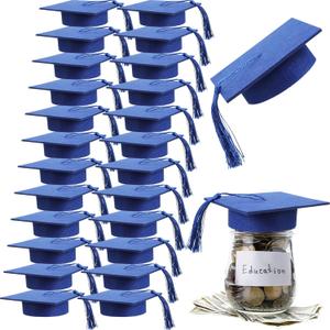 Mindsoft 24 Pcs 2026 Graduation Cap Decorations Mason Jar Lid with Tassels 4.2 Inch Grad Hat Large Mason Can Toppers for 2026 Graduation Party Supplies Table (Blue)