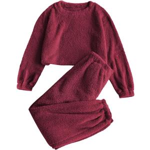 ZAFUL Women's Fuzzy Lounge Casual Pajamas Sets Long Sleeve Fleece Pullover and Pants Set 2 Piece Fluffy Loungewear Sleepwear (X-Large)