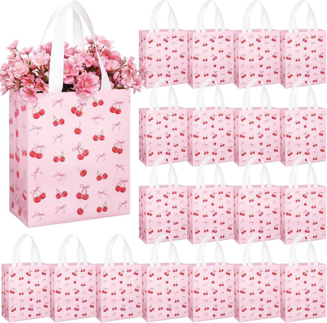 Supervitae 24 Pack Cherry Bow Birthday Gift Bags Red Pink Bow Cherry Medium Goodie Party Bags Spring Reusable Totes Non Woven Totes for Birthday Baby Bridal Shower Family Travel (9.8" x 7.9" x 3.9")