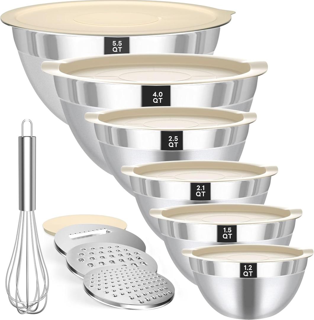 Mixing Bowls with Lids Set 10pcs | Stainless Steel Mixing Bowls with Graters and Egg Whisk,Nesting Bowls Set for Baking, Cooking, Meal Storage(1.2QT-5.5QT) (Khaki)