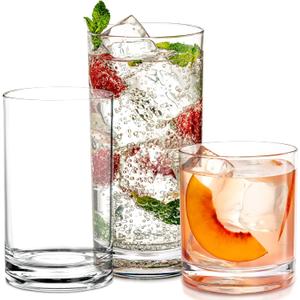 Acrylic Drinking Glasses [Set of 18] Glassware Set Includes 6-17oz Highball Glasses, 6-13oz Rocks Glasses, 6-7 oz Juice Glasses| Heavy Base Glass Cups for Water, Juice, Beer, Wine, and Cocktails