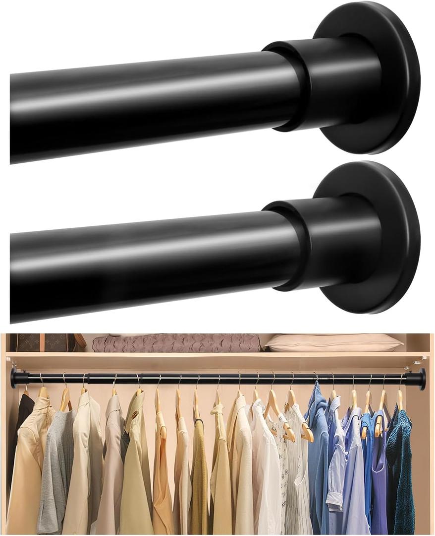 Closet Rods for Hanging Clothes, 18 to 48 Inches Adjustable Heavy Duty Closet Rod, Metal Closet Poles, Easy to Install Closet Bar for Closet Wardrobes Laundry, Perfect for Closet Organizer Black 2PC