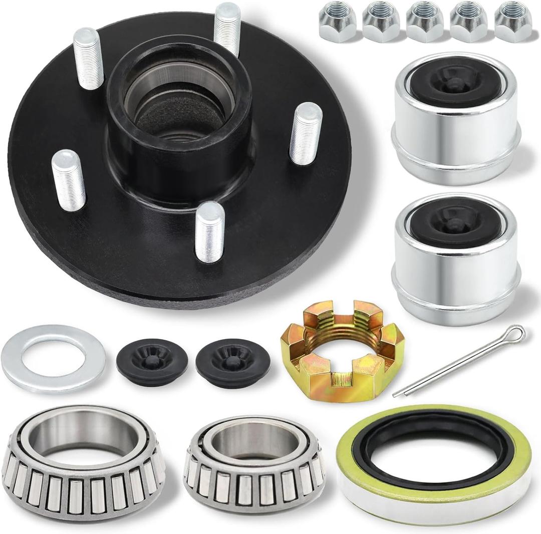 TiciKim 1 Set Trailer Hub Kit 5 Bolt 4.5 for 3500 lb Trailer Axle Bearing Kit Boat Trailer Hub 5 Lug with Extra Trailer Dust Caps and Rubber Plugs for #84 Spindle 1-1/16'' to 1-3/8" Trailer Axles