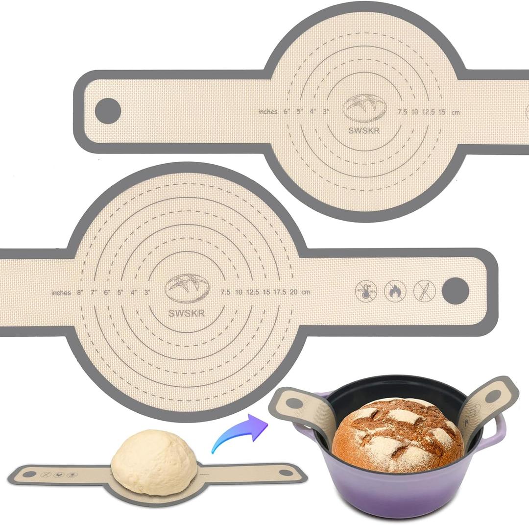 Silicone Bread Sling for Dutch Oven, 2 Pcs Non-Stick & no objectional odor Bread Baking Mat Set, antislip Reusable Bread Sling with Long Handle to Transfer Sourdough, large, Gray (8.3"+9.5")