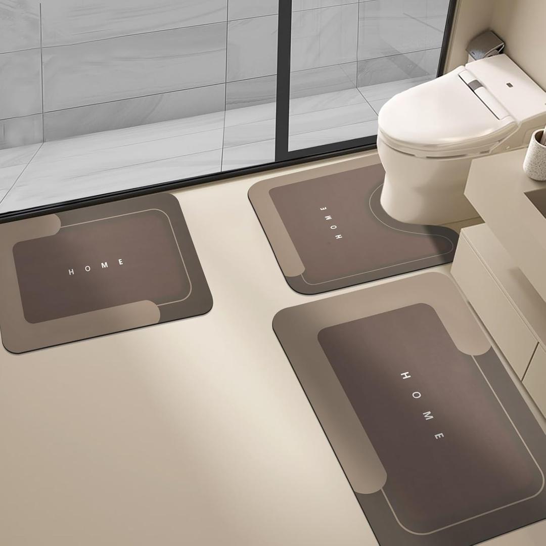 3PCS Absorbent Bath Mat Magic Rug Sets, Quick Drying Bath Mat Non-Slip Floor Rug Rubber Backed for Bathroom Kitchen Shower Sink (16.9''x23.6''+19.7''x23.6''+19.7''x31.9'', Brown)