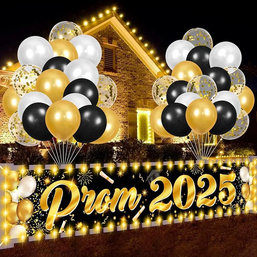 Prom 2024 Banner with LED Lights Graduation Party Decorations Green Gold Graduation Yard Banner with 36pcs Balloons for 2024 Graduation College High School Prom Party Supplies Indoor Outdoor Decor