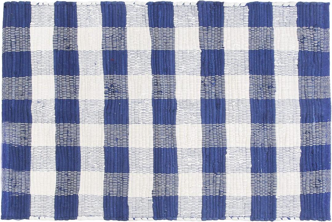 GLAMBURG Cotton Buffalo Check Plaid Washable, Handwoven Checkered Welcome Door Mat 18x30 for Kitchen Bathroom Outdoor Porch Laundry Living Room, Farmhouse Reversible Rag Rug Blue White