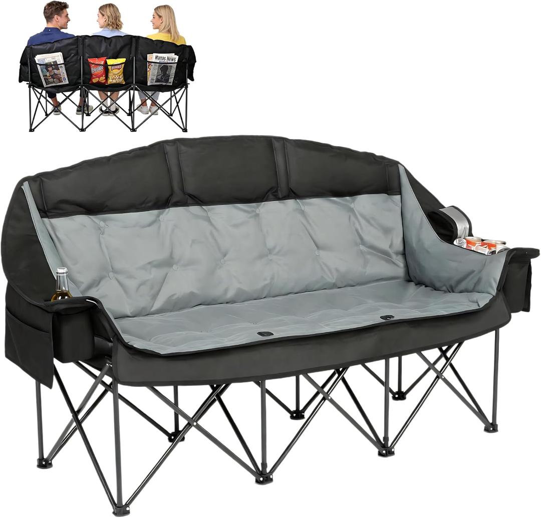 3 Person Camping Chair for Adults Folding Double Camping Chair Oversized Heavy Duty Camping Loveseat with Cup Holders & Carry Bag, Portable Outdoor Lawn Chair for Camping, Beach, Backyard Black & Grey