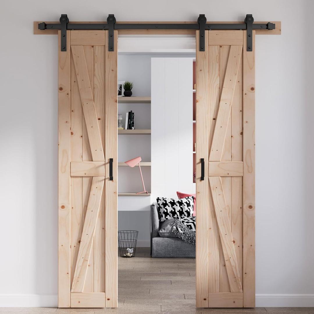 FREDBECK 36 x 84 Inch (Double 18x84 Inch Doors) Barn Doors with 6.6FT Barn Door Hardware Kit and Handle Included K Shape Solid Spruce Wood Panel Need to Assembly
