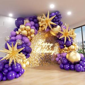 Purple and Gold Balloon Arch Kit, 162Pcs Dark Purple Gold with Stars Balloon Garland kit, Different Size Balloons for Birthday Baby Shower Anniversary Adults Prom Luxury Party Decorations, 18 12 10 5 inch