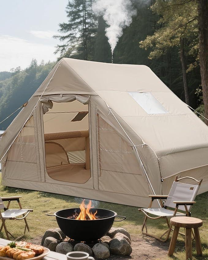 Inflatable Tents for Camping 4-6 Person,Blow Up Tent with Hand Pump, Easy Setup Inflatable Hot Tent with Stove Jack & Mesh Windows, Waterproof 300D Oxford Air Glamping Tents for Camping Adults 