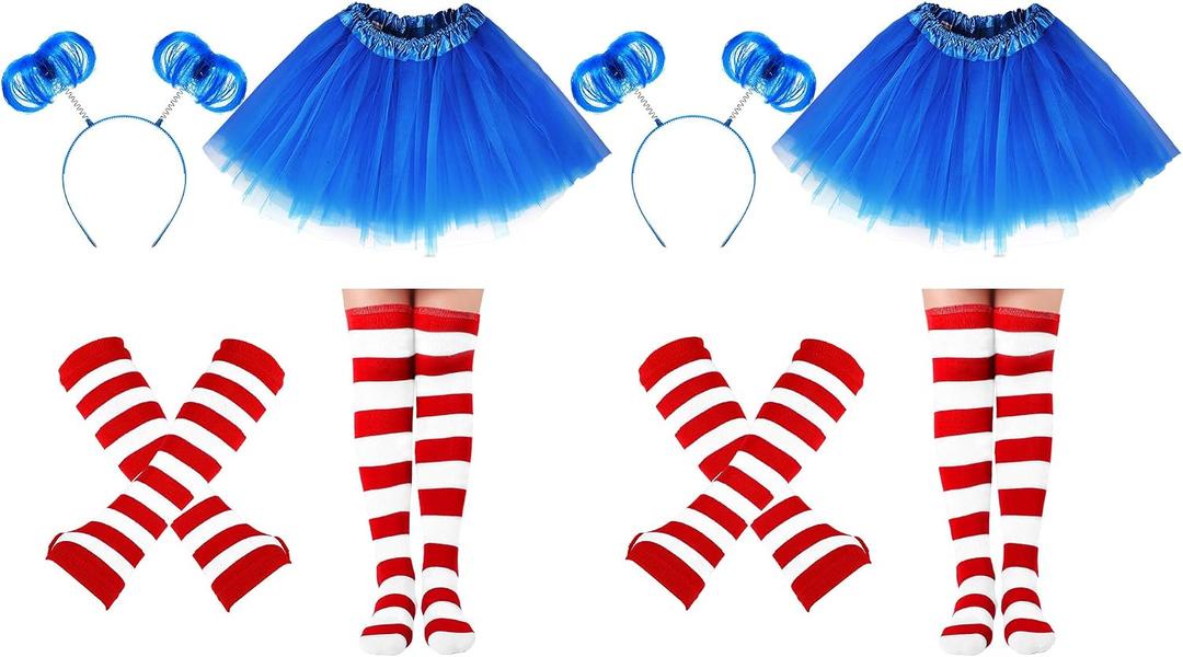 8 Pcs Women Blue Red Striped Costume Set Outfit Accessories Tutu Skirt Long Knee High Sock Striped Glove Headband (Blue)