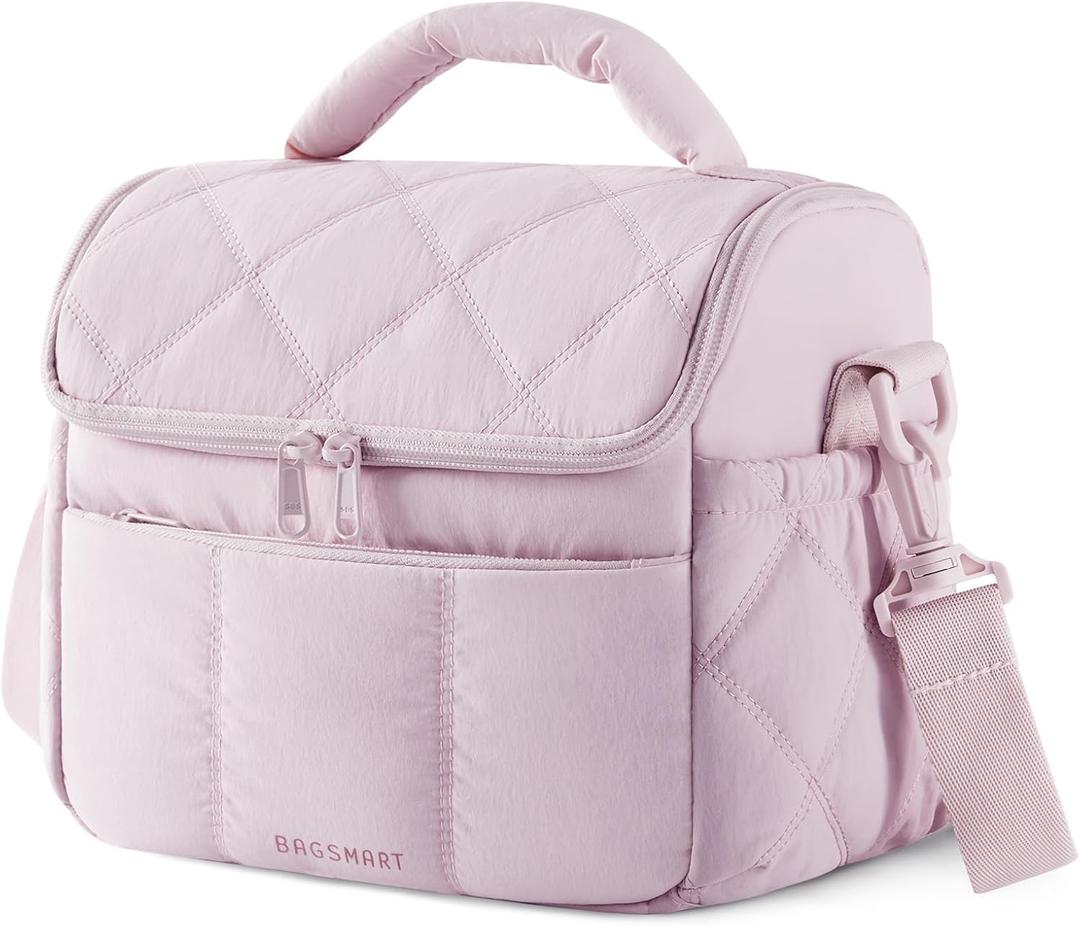 BAGSMART Insulated Lunch Bags for Women, Cute Quilted Lunch Box, Lightweight Puffy Padded Waterproof Lunch Tote, Reusable Lunch Cooler for Work Picnic Travel, Pink (Medium(normal))
