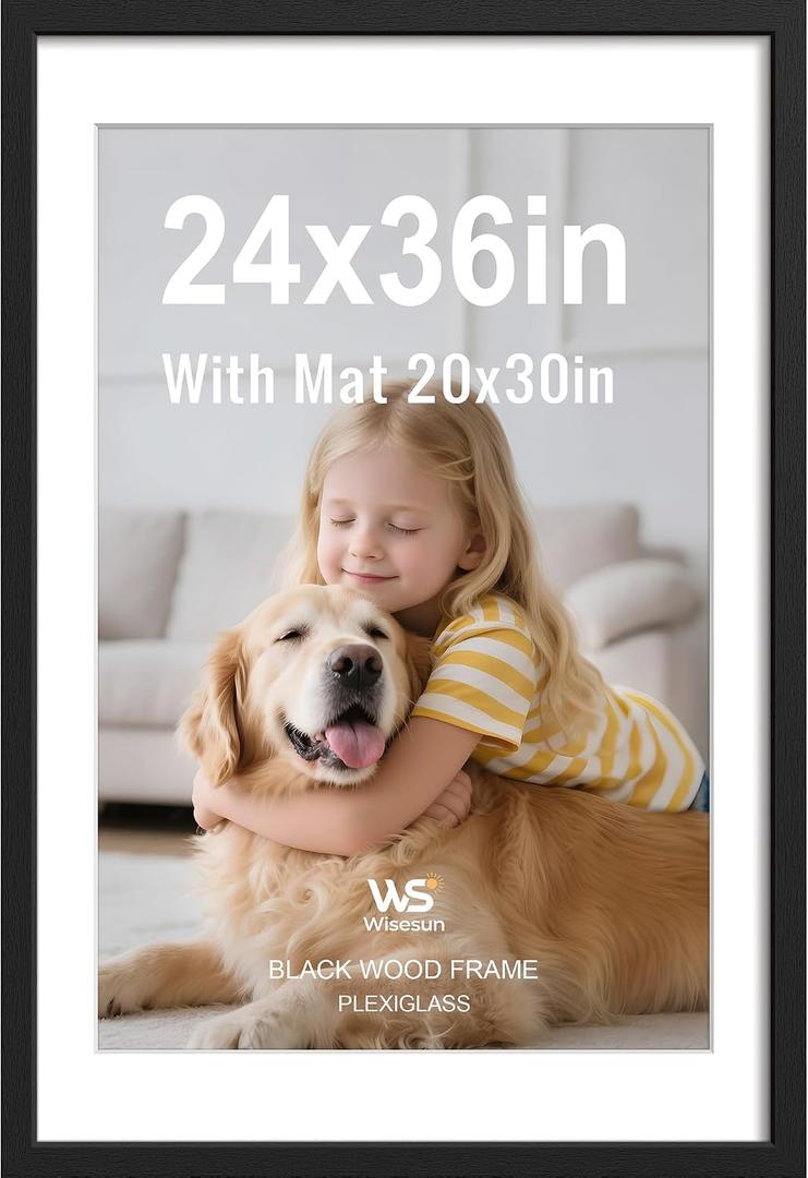 Wisesun 24x36 Black Poster Frame - Wood Frame with Plexiglass, Displays 20x30 with Mat or 24 x 36 Picture, for Any Wall - Hang Horizontal or Vertical, 1 Pack