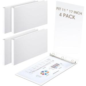 4 Pcs 11 x 17 Inch 3 Ring Binders 1 Inch Rings Heavy Duty View Plastic Flexible D Ring Binders Economy Holds 11" x 17" Paper for Artwork Blueprints, Office, Home, Work Places (White)