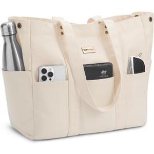 TOPDesign Large Canvas Tote Bag for Women, Shoulder Bag with Laptop Sleeve & Pockets, Everything Tote for Travel, Work (Beige)