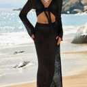 Saodimallsu Womens Crochet Swim Cover Up 2 Piece V Neck Long Sleeve Wrap Tie Crop Tops Beach Boho Maxi Coverup Set (Black), M
