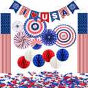 4th of July Decorations Set, Independence Day Hanging Door Banners, Paper Fans, Red White Blue Honeycomb Balls for Home Wall Indoor Outdoor Party Supplies