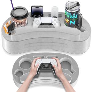 Couch Cup Holder Pillow Tray with 6 Slots, Gaming Pillow Couch Cupholder Tray with Armrest Cushion, Couch Caddy & Buddy with Drink, Controller, Remote, Phone Holder, Gaming Snack Holder (Grey)