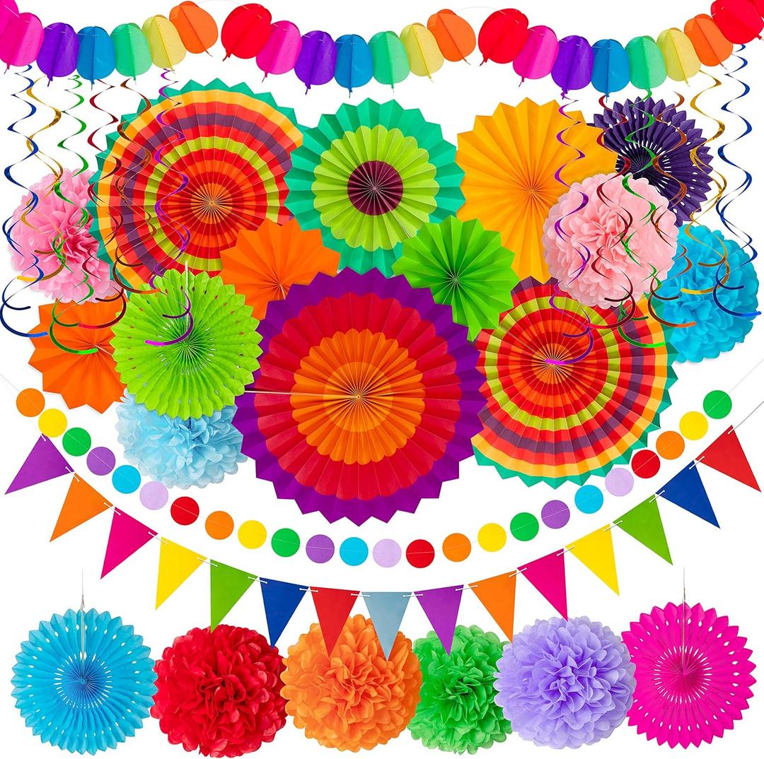 35PCS Fiesta Paper Fan Party Decorations Set - Cinco De Mayo Pom Poms,Pennant,Garland String,Banner,Hanging Swirls Hispanic Heritage Month Decor Supplies,Multicolored