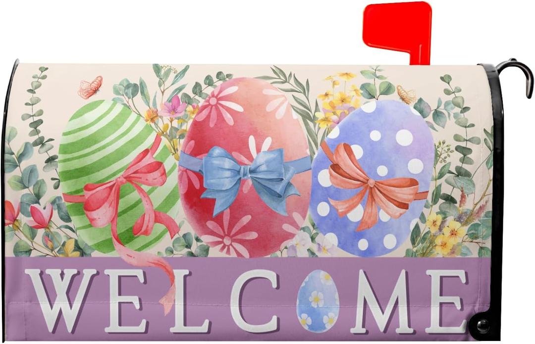 Happy Easter Mailbox Covers Magnetic Spring Welcome Outdoor Mailbox Cover Standard Size 21" X 25.5" Easter Watercolor Eggs Holiday Mailbox Wrap Post Letter Box Cover Decorative for Home Garden Yard