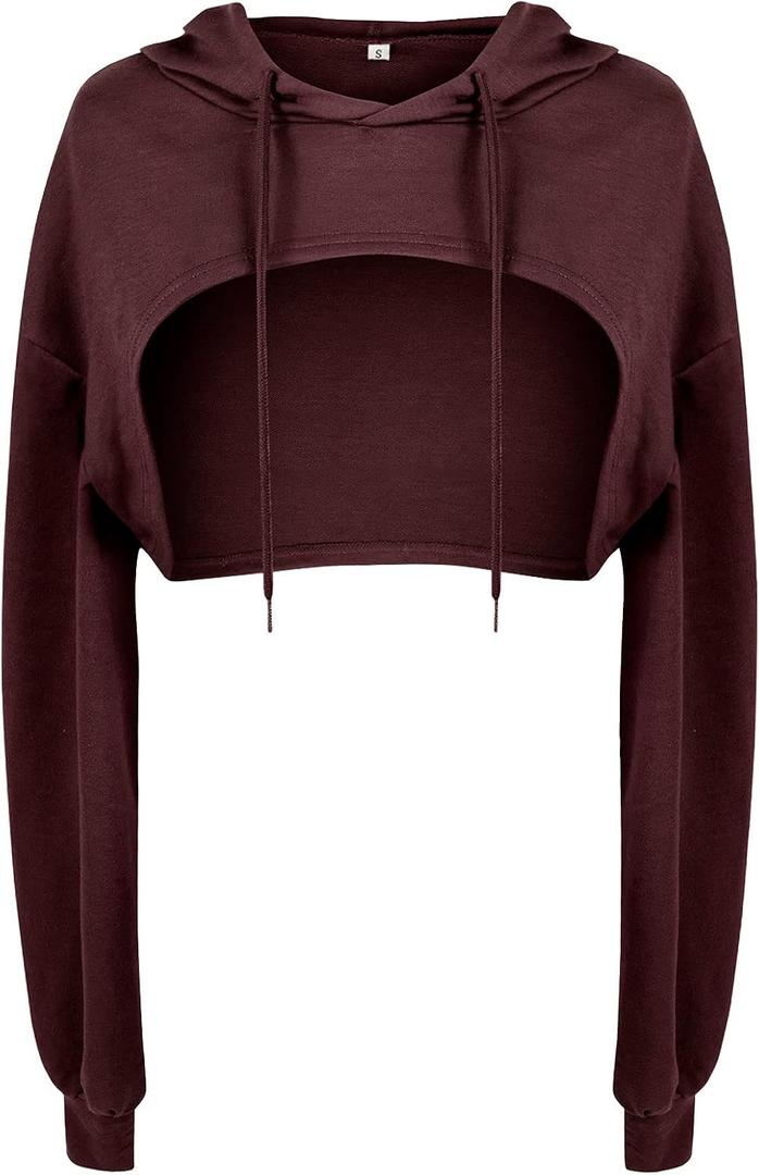 BEJONS Women Long Sleeve Cropped Super Crop Top Hoodies Sweatshirt Aesthetic Punk Hip Hop Dance Sexy Rave Cloth (Small-Medium, Burgundy)