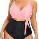 Daci Women Pink and Black Plus Size One Piece Swimsuits High Waisted Tummy Control Swimwear Cutout Lace up Monokini 22W