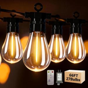 66FT Outdoor String Lights with Remote, 27 Dimmable Shatterproof LED Edison Bulbs, Waterproof Patio & Backyard Lights for Pergola, Deck, Garden, Bistro, Commercial Grade Hanging Lights