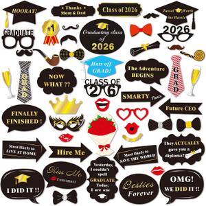 Graduation Photo Booth Props (50Count), Konsait Large Graduation Photo Props Class of 2026 Grad Decor with Sticks for Kids Boy Girl, Black and Gold, for Graduation Party Favors Supplies Decorations