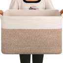 OIAHOMY Large Blanket Basket, 65L Cotton Rope Woven Laundry Basket, Toy Bin for Baby Room, Container for Blanket Storage in Living Room, 20''16''12'', Brown & White