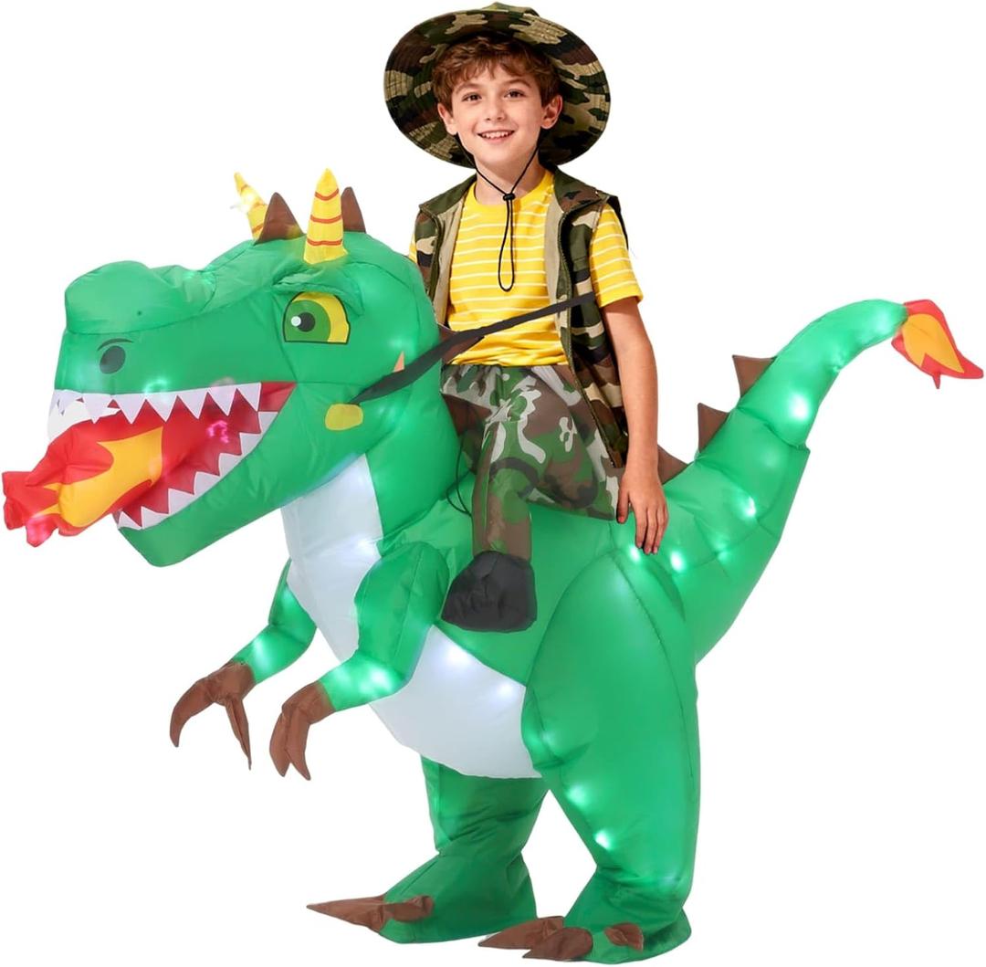 Inflatable Dinosaur Costume for Kids Light Up T-Rex Funny Blow Up Halloween Party Cosplay Dress Up Outfit Boys Girls,Blue (Green)